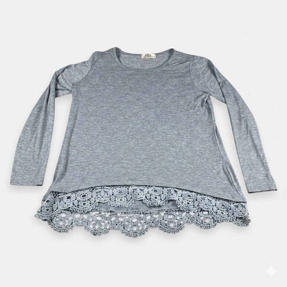 Man Xi Shang Gray Long Sleeve Tunic Top Crochet Lace Hem Women Size Large Casual